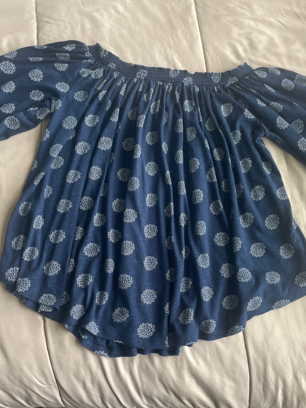 Lucky Brand Blue Off-Shoulder Peasant Blouse with White Medallion Print